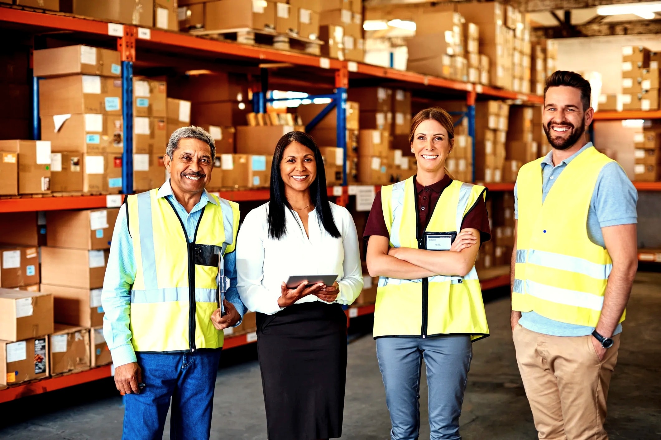 Professional supply chain team at distribution warehouse